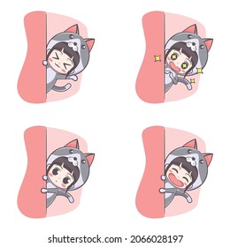 Cute cat costume girl hiding cartoon illustration