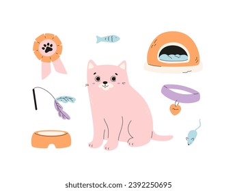 Cute cat, couch, toys, award with paw sign, collar with tag. Pet supplies. Domestic feline animal set. Vector isolated illustration.