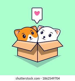 Cute Cat Couple in Cardboard Box Cartoon Vector Icon Illustration. Flat Cartoon Style