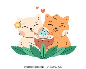 Linda pareja de gatos bebiendo cóctel juntos. Pareja de amor animal. Tiempo de verano, vacaciones de verano, vacaciones. Ilustración vectorial en estilo plano