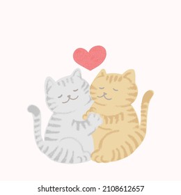 Cute cat couple with heart love valentine hand drawn vector illustration