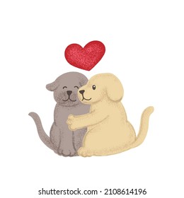 Cute cat couple with heart love valentine hand drawn vector illustration