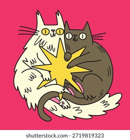Cute Cat Couple Hugging a Star. Funny Vector Illustration of Kittens Embracing.