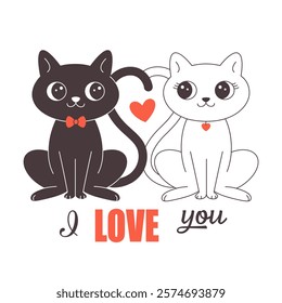 Cute cat couple in love. Animal love couple. Valentines Day greeting card. Vector doodle illustration, hand drawn design