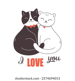 Cute cat couple in love. Animal love couple. Valentines Day greeting card. Vector doodle illustration, hand drawn design