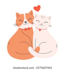 Cute cat couple in love. Animal love couple. Valentines Day greeting card. Vector illustration in flat style