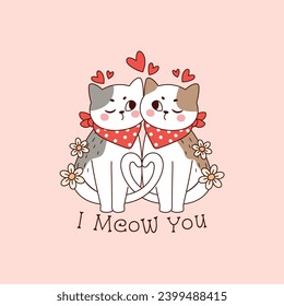 cute cat couple in love with daisy flowers and hearts for valentine's day
