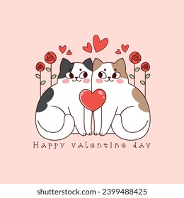 cute cat couple in love with flowers or roses and hearts for valentine's day