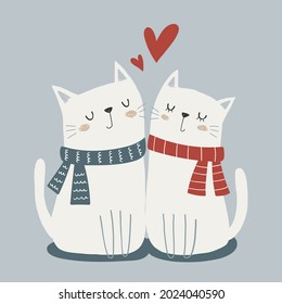 Cute cat couple in love. Hand drawn vector illustration.