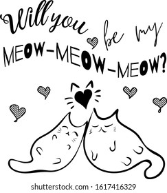 cute cat couple lying together, text "will you be my meow-meow-meow?"