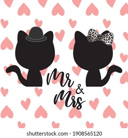 Cute cat couple with Mr and Mrs text on heart background. Cat couple in love. Love card. Happy Valentines day.