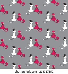 cute cat couple on gray background, seamless pattern, vector