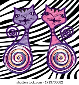 linda pareja de gatos en la ilustración vectorial de fondo del patrón de cebra