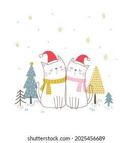 Cute cat couple with Santa hat and scarf in wintery scene. Hand drawn vector illustration.