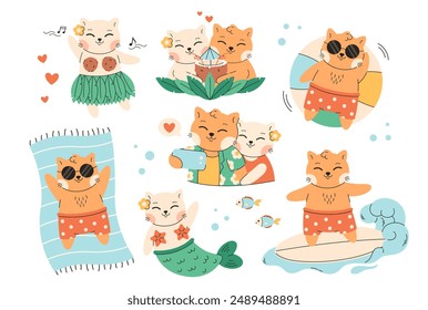 Linda pareja de gatos pasando tiempo juntos. Pareja de amor animal. Tiempo de verano, vacaciones de verano, vacaciones. Ilustración vectorial en estilo plano