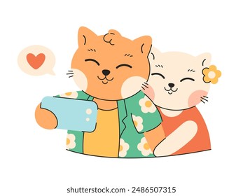 Linda pareja de gatos tomando un selfie con un teléfono inteligente. Pareja de amor animal. Tiempo de verano, vacaciones de verano, vacaciones. Ilustración vectorial en estilo plano