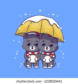 linda pareja de gatos bajo un paraguas durante la nevada