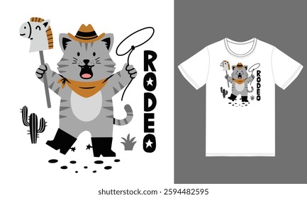 Cute cat cowboy illustration with tshirt design premium vector the Concept of Isolated Technology. Flat Cartoon Style Suitable for Landing Web Pages,T shirt, Flyers, Stickers