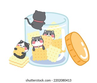 Cute cat with cracker in glass jar.Funny animal character cartoon design.Dessert and pet hand drawn.Food.Eat.Yummy.Meow.Kawaii.Vector.Illustration.