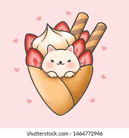 Cute cat with creamy strawberry crape hand drawn cartoon character. Hand drawing vector. Cartoon character design.