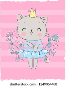 Cute cat with a crown and flowers. Little princess. Print design for t-shirt. Vector illustration.