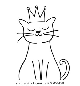 Cute cat in crown, line art. Cartoon hand drawn doodle kitty princess. Childish vector illustration.