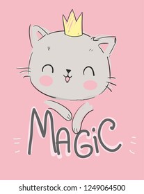 Cute cat with a crown. Little princess. Print design for t-shirt. Vector illustration.