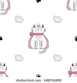 Cute cat with a crown on his head childish texture. Seamless pattern.Great for fabric, textile Vector Illustration and a pink bow on a white background. 
