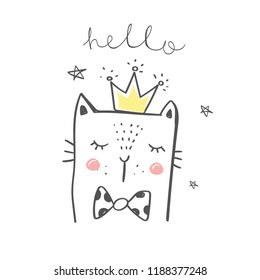 Cute Cat with crown.cartoon hand drawn vector illustration. Can be used for baby t-shirt print, fashion print design, kids wear, baby shower celebration greeting and invitation card.