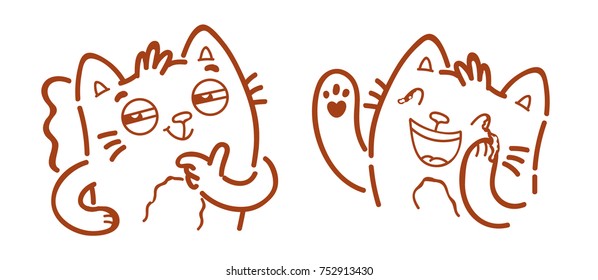 Cute Cat: cunning, tricky, have an idea, clever and laughing hard, kidding, joking emotions. Character in outline hand drawn style, doodle cartoon illustration. As mascot, sticker, emoji, emoticon