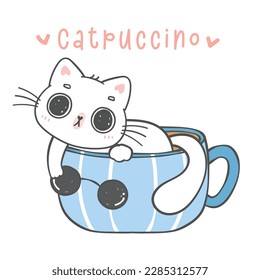 cute cat in a cup cartoon animal doodle hand drawing illustration, idea for greeting card.