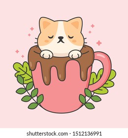 Un gato cortado en una taza de chocolate dibujado a mano dibujando un personaje animal. Vector de dibujo manual. Diseño de caricaturas.