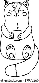 cute cat with a cup of coffee. Doodles. Print for textiles, covers