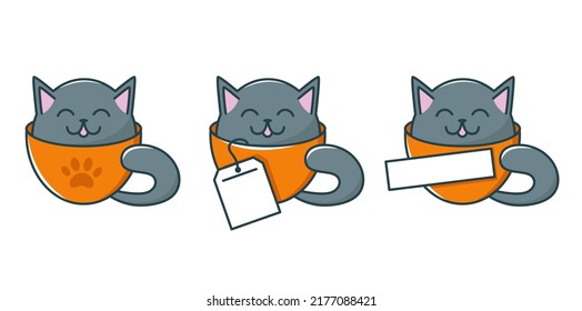 Cute cat in a cup. Coffee Of Cat Logo Design. Logo options for your business. Cartoon cat.