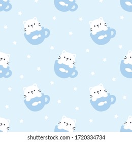 Cute Cat In A Cup Of Coffee Seamless Background Repeating Pattern, Wallpaper Background, Cute Seamless Pattern Background