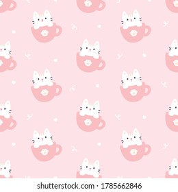 Cute cat in a cup of coffee seamless background repeating pattern, wallpaper background, cute seamless pattern background