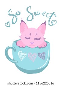 Cute cat in cup color vector illustration. Pink kitty with handwritten glitter lettering. Girl cat with big eyes and paws on color background. Greeting card template for cat-owners