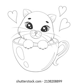 Cute cat in cup . Fun character. Cartoon style. Coloring book. Vector illustration. Isolated on white. Monochrome image.