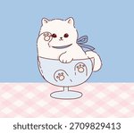 Cute Cat in Cup. Hand drawn Cartoon kawaii style. Pastel soft colors vector illustration.