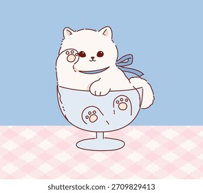 Gato lindo en la taza. Dibujado a mano estilo kawaii de dibujos animados. Ilustración vectorial de colores suaves pastel.