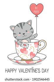 cute cat in a cup holding balloon valentines day