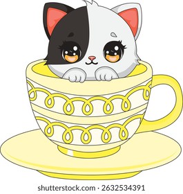 Cute Cat In Cup Kawaii Vector