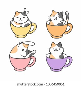 Cute cat in a cup of tea hand drawn cartoon collection