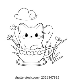 cute cat in the cup vector illustration for coloring page