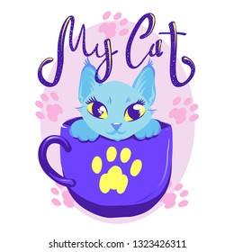 Cute cat in cup violet color vector illustration. White kitty with handwritten glitter lettering. Girl cat with big eyes and paws on color background. Greeting card template for cat-owners