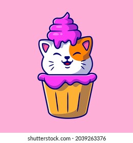 Cute Cat Cupcake Cartoon Vector Icon Illustration. Animal Food Icon Concept Isolated Premium Vector. Flat Cartoon Style