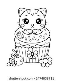 Cute cat cupcake donut coloring page illustration