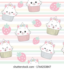 Cute cat cupcake with strawberry seamless pattern on rainbow background.