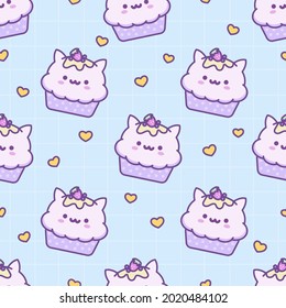 Cute cat cupcake vector patrón sin costura. Comida kawaii con muffin de gatito. Pastel de postre sabroso con fresa, baya, crema y corazones. Repetir el fondo azul para niña o adolescente