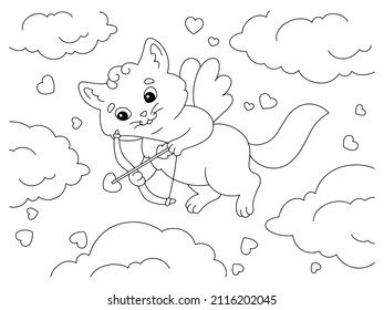 Cute cat cupid. Coloring book page for kids. Cartoon style character. Vector illustration isolated on white background. Valentine's Day.